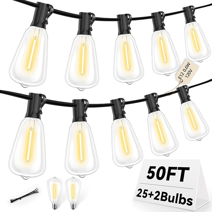 ST38 50FT LED Outdoor String Lights with 25+2 Spare Bulbs, E12 Socket, 2700K Warm White-for Backyard, Wedding | Lumora