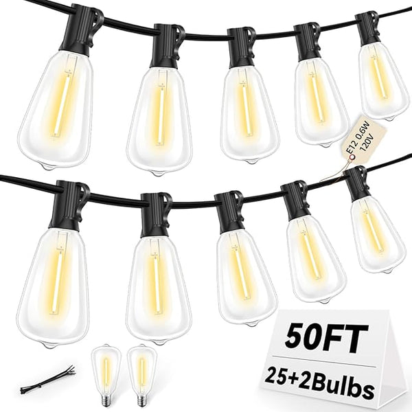 ST38 50FT LED Outdoor String Lights with 25+2 Spare Bulbs, E12 Socket, 2700K Warm White-for Backyard, Wedding | Lumora