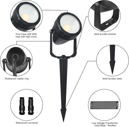Low Voltage Safety Landscape Lights Outdoor: 7W 840LM LED Landscape Lighting with Connectors & Transformer for Tree Garden Yard Pathway | 24V Warm Yellow 3000K Spotlights | IP65 Waterproof | 24 Pack