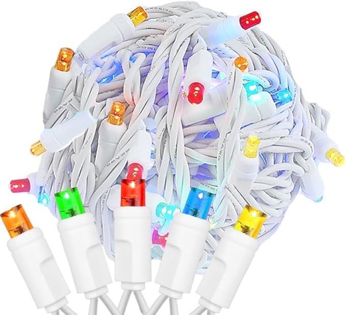 Novelty Lights 34ft Christmas String Lights, 100 Multicolor LED Bulbs on White Wire, 4" Spacing, Connectable Indoor Outdoor Commercial Grade Lighting for Holidays Patio Weddings