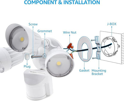 LEONLITE COB LED Security Lights Motion Sensor, Aluminum Flood Lights Outdoor, 3 Modes Motion Detector+Dusk to Dawn+Switch Control, 100-277V, Adjustable 3-Head, IP65, ETL, 5000K Daylight, White