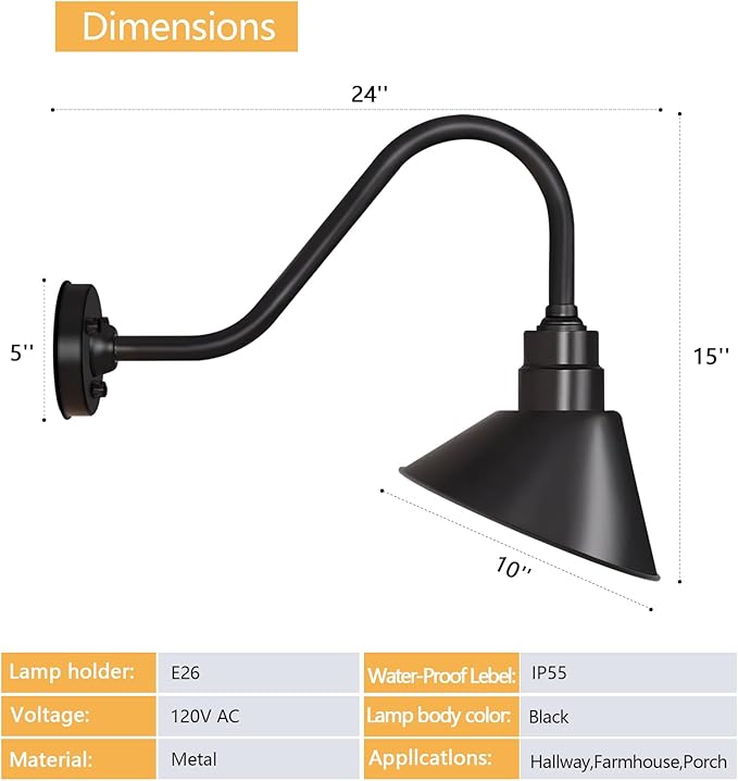 10-Inch Outdoor Gooseneck Barn Light with Extended Arm Design – Perfect for Outdoor Sign Lighting of Restaurants | Lumora