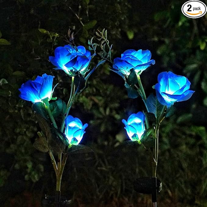 Solar Rose Garden Lights, 2 Pack Realistic Flower Lights, Waterproof LED Decorative Stake Landscape for Patio Pathway Grave Cemetery Outdoor Decor (Blue)