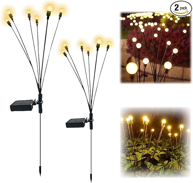 2PCS Solar Powered Firefly Lights Outdoor Waterproof, Solar Starburst Swaying Garden Lights, Swaying When Wind Blows Solar Garden Lights Outdoor Decorative String Lights