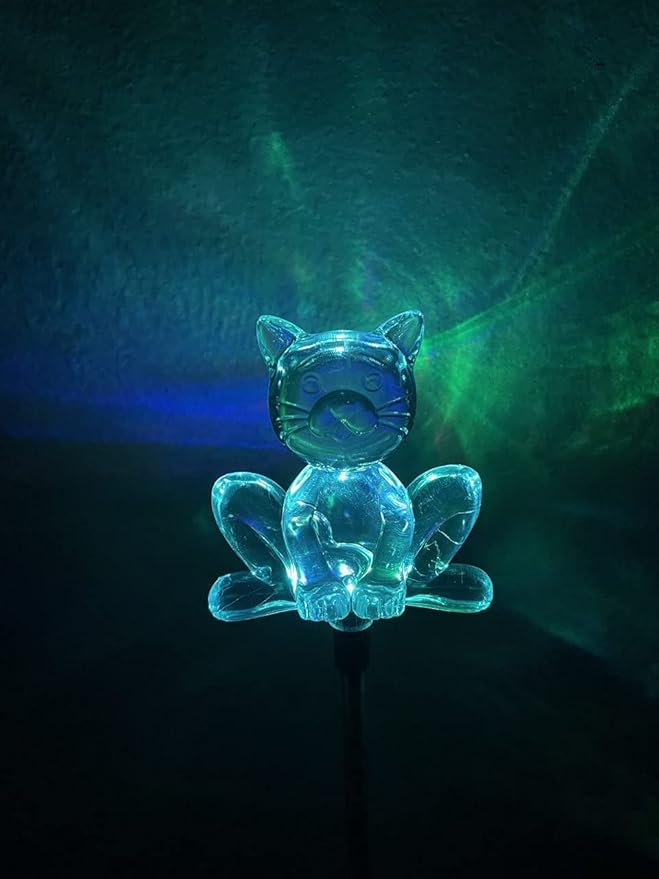 Set of 2 Clear Acrylic Cat Solar Garden Yard Landscape Path Stick LED Lights