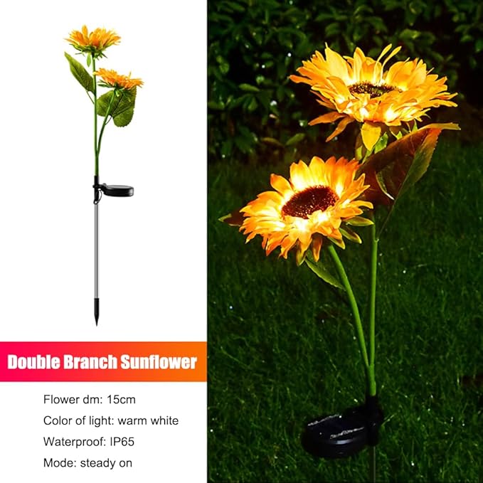 GUOCHENG Sunflower Solar Lights Outdoor Garden 2 Pack 4Flowers with Warm LED Light Solar Sunflower Stake Lights–Floral Outdoor Garden Decor for Patio Lawn Yard Pathway(Double)