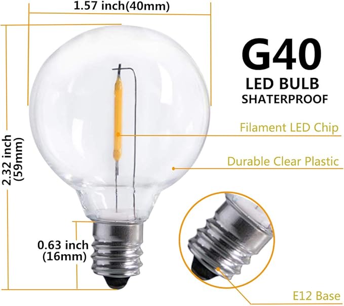 25Ft LED String Lights with 27 Shatterproof LED Clear Globe Bulbs, Indoor&Outdoor String Lights for Patio, Garden, Backyard, Bistro, Pergola, Tents, Gazebo Decor, White Wire