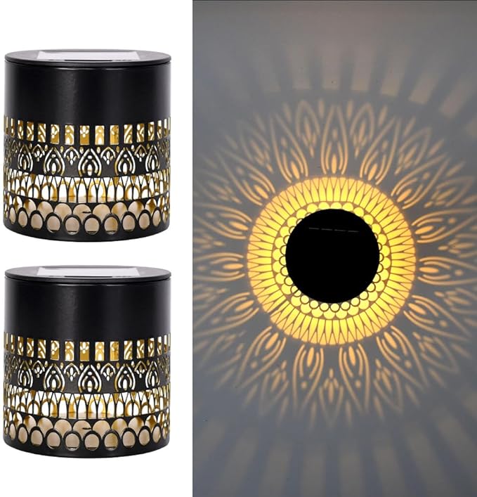 Decorative Solar Mandala Lights, Solar Mandala Lights Outdoor, Metal Solar Powered Outdoor Deck Step Wall Lights for Garden Post Patio Backyard Yard Decor (2Pc Monochrome)