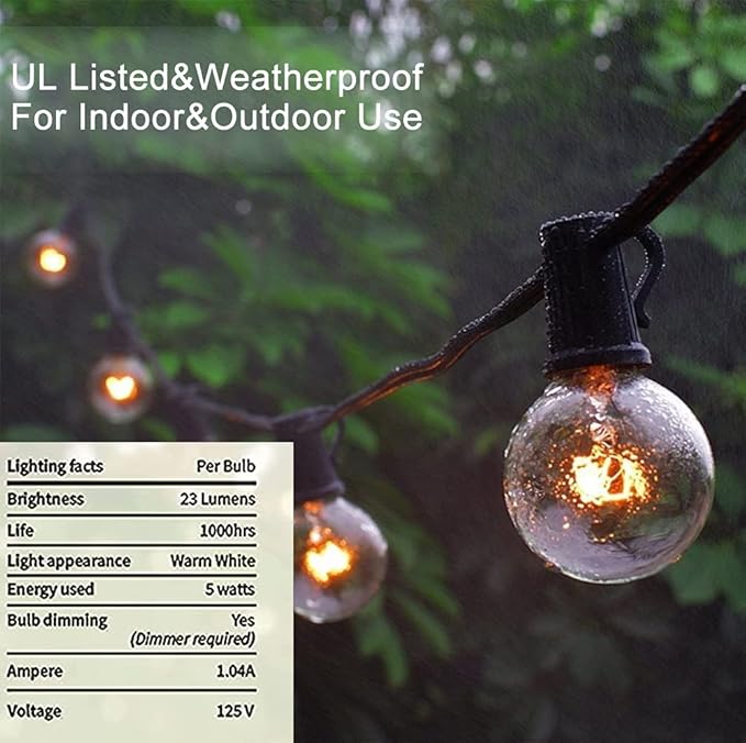 25Ft G40 Outdoor String Lights with 25 Clear Vintage Light Bulbs and 25 Pack G40 Replacement Light Bulbs, C7/E12 Screw Base, 5W Black Wire