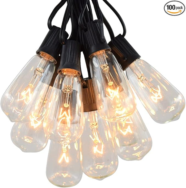 Hometown Evolution, Inc. Vintage Edison Outdoor String Lights (ST40 Clear - Black Wire, 100 ft) | Lumora
