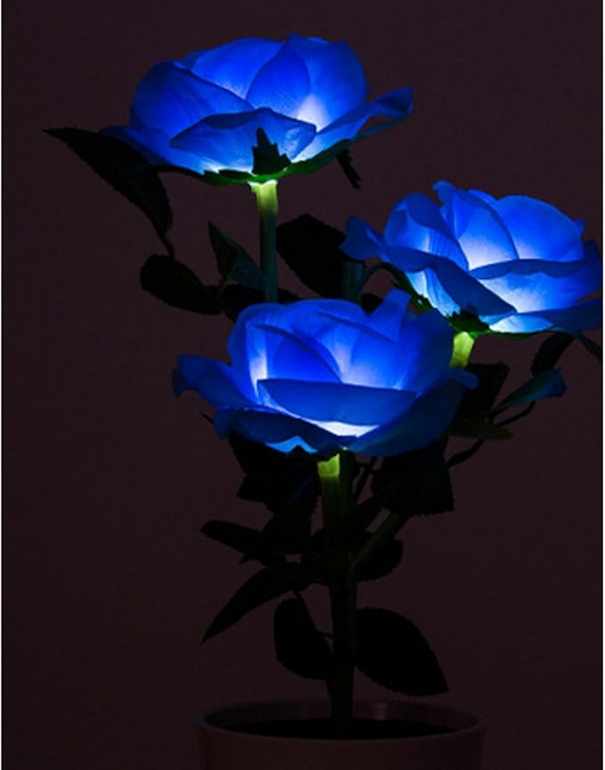 LED Solar Power Decorative Artificial Rose Flower Pot Plant Landscape Light Night Lamp Outdoor Garden Yard Pathway Lawn Grassland Blue