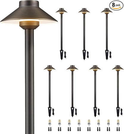 Gardenreet Brass Low Voltage Path Lights - 12V Landscaping Pathway Light IP65 Waterproof, Wired Walkway Lighting Outdoor, LED Bronze for Lawn Area Backyard with 3W 2700K Warm White G4 Bulb (8 Pack)