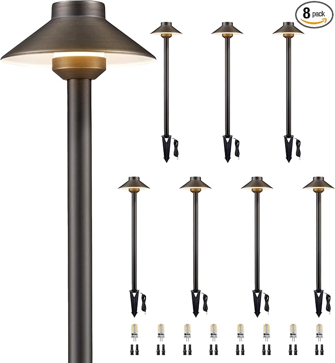 Gardenreet Brass Low Voltage Path Lights - 12V LED Landscaping Pathway Lamp IP65 Waterproof, Wired Walkway Lighting Outdoor, Bronze for Lawn Backyard with 3W 4000K Neutral White G4 Bulb (8 Pack)