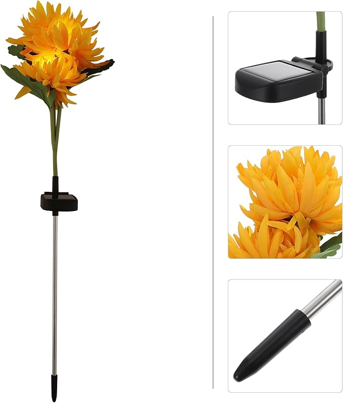 Solar Chrysanthemum Garden Lights 3-Head Yellow Solar Pathway Lamps with Ground Stake for Outdoor Lawn Patio | Lumora