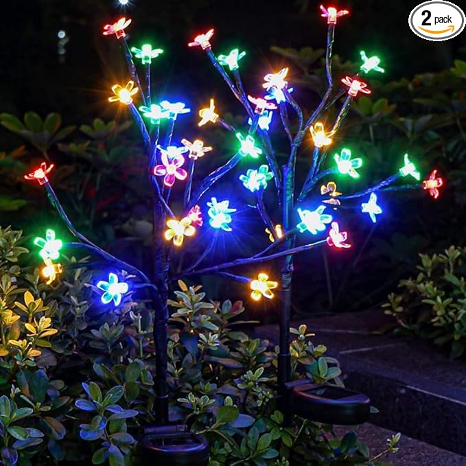 WXZQHF Solar Garden Lights Outdoor, 20 LED Cherry Blossom Lights with Adjustable Stems, Multi-Color Solar Flower for Yard, Lawn, Patio & Pathway (IP65 Waterproof) (Multicolor Cherry - 2 Pack)