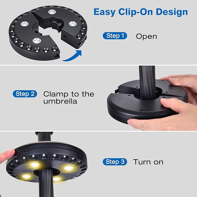 LATME Patio Umbrella Light Rechargeable Umbrella Lights– 10-25 Hours Runtime,Umbrella Pole Light 3 Lighting Modes | Lumora