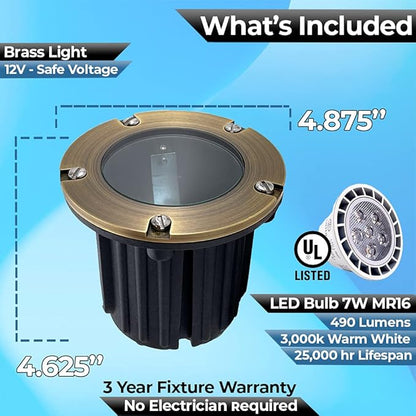 LED Spot Lights Outdoor Landscape Lighting Well Lights 173 - Solid Brass In Ground Light with 7W LED Bulb Security Landscape for Bright Long Lasting Home Garden Patio Pool Area Deck Lighting
