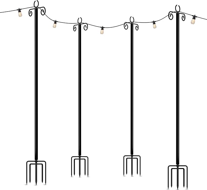 Brightech Bundle Ambience Pro 27 Ft Solar Powered Outdoor String Lights + 4-Pack 10FT String Light Poles for Outdoor Use