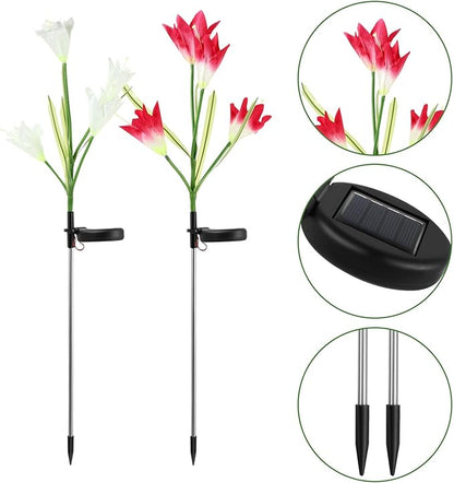 2pcs Solar Lily Flower LED Yard Lamp with Ground Plug Outdoor Solar Garden Path Light for Patio and Walkway
