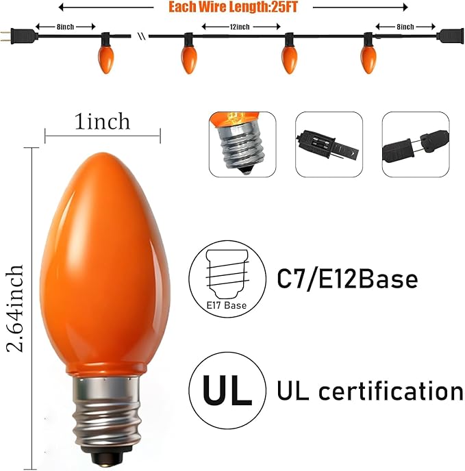 C9 Halloween String Lights, 25Ft Outdoor Orange String Light with 26 Clear Orange Bulbs(1 Spare), Halloween Lights for Indoor Outdoor Party Holiday Lighting Decor, Black Wire