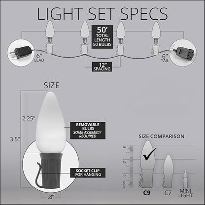 Wintergreen Lighting C9 OptiCore LED Commercial Outdoor Christmas Lights – Heavy Duty Christmas String Lights; Wedding Christmas Lights; White Wire (50 Lights, 50 Ft, Red/Green Smooth/Opaque)