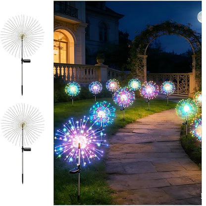 Solar Fireworks Lights for Outside, 150LED 8 Modes Fireworks Solar Lights Outdoor, Fairy Garden Flowers for Yard Pathway Wedding Party Christmas Diwali Garden Decor 2Pack (Multicolor)