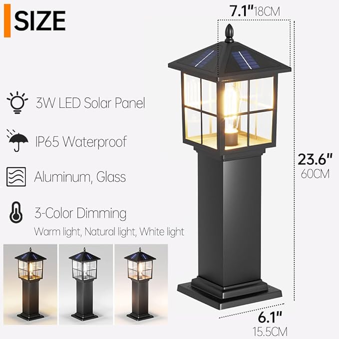 Solar Square Landscape Lights 23.6" Outdoor Solar Pathway Light Glass Bollard Lantern Auto On/Off Solar Garden Floor Lamp 3-Color Waterproof Solar Path Light For Lawn Courtyard Walkway Driveway