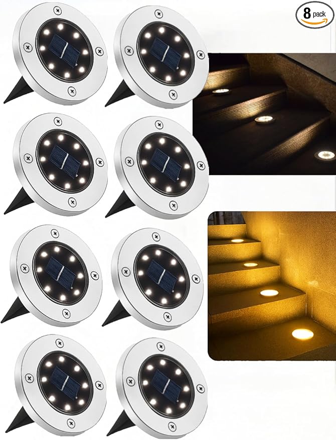 JT Morolux Solar Ground Lights, LED Disk Lights, White, Waterproof Outdoor Path Lights for Garden, Lawn, Walkway, Driveway (Warm White, 8)