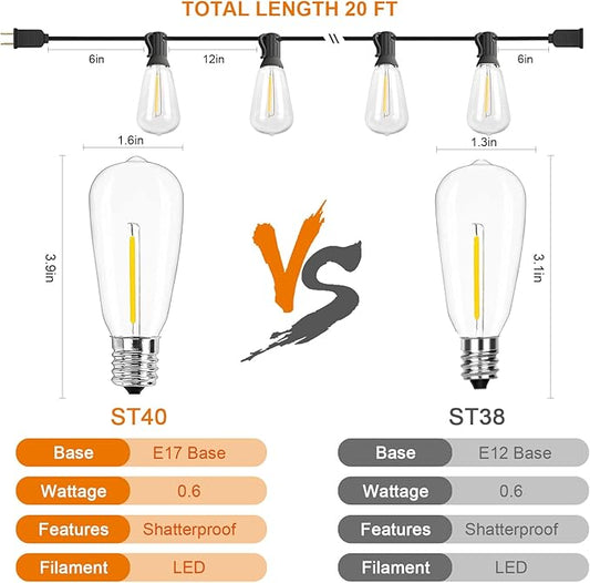 Outdoor LED String Lights 20Ft ST40 Outdoor Patio String Lights with 22 Shatterproof Edison Style LED Bulbs, Hanging Backyard Lights Waterproof UL Listed for Garden Bistro Porch Wedding Decor-Black