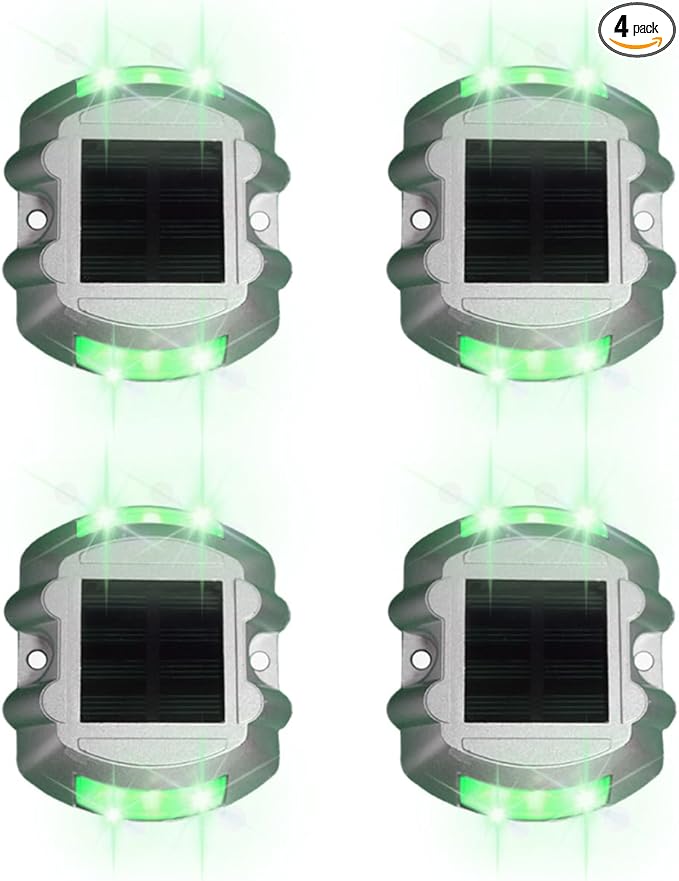 Wokyo Waterproof Solar Deck Lights Outdoor, 4 Pack Solar Sidewalk Lights Heat Resistant LED Warning Step Lights, Solar Dock Lights for Driveway Sidewalk Pathway Yard (4, Green Flashing)