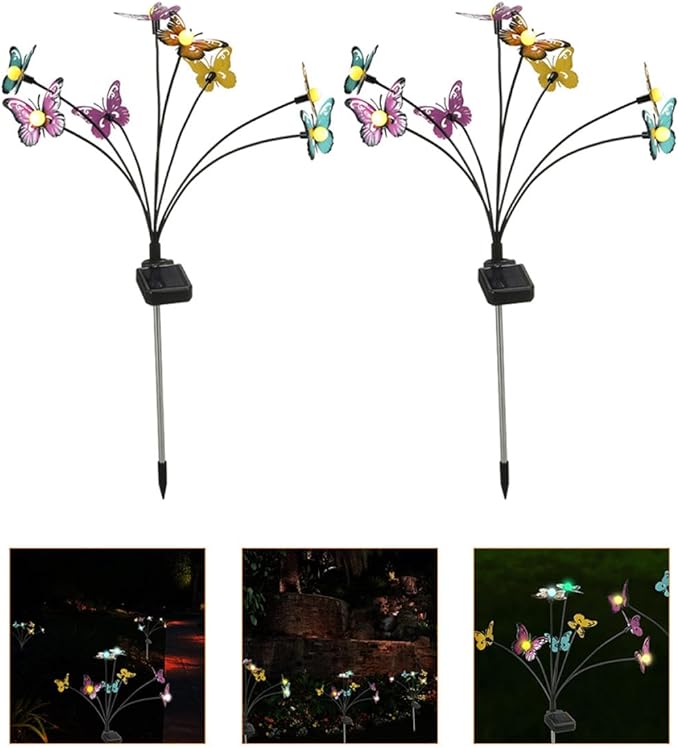 VANZACK 2pcs Butterfly Shape Solar Stake Lights Outdoor Waterproof LED Garden Path Lights Warm White Solar Yard Decorations for Patio and Lawn