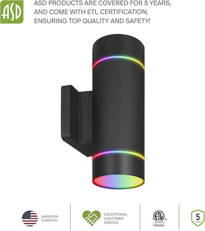 ASD 2 Light Smart RGBW LED Indoor & Outdoor Wall Light Fixture | 30W 900LM 2700K-6500K 120V Cylinder Up Down Lights | Waterproof Exterior Wall Sconce | Front Door, Porch, Patio | Black, ETL