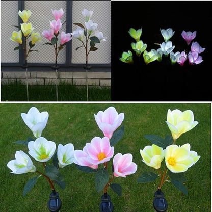 Solar Garden Lights Solar Light Outdoor, Magnolia Flower Lamp Stick Lamp 4 Forks Garden Ground Lamp for Home (Pink Magnolia White Light) (Color : Pink)