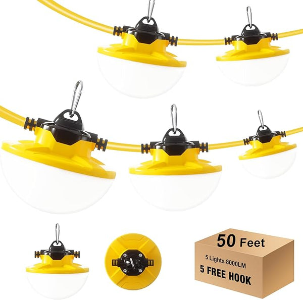 50FT Construction String Light 65W 8000Lm, 5000K Industrial Grade LED String Work - Outdoor Security Flood Light | Lumora