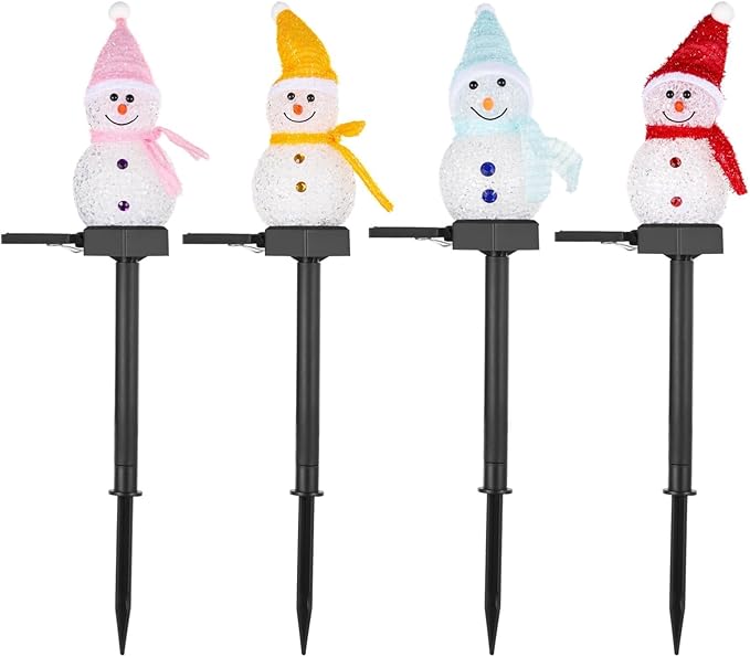 4-Piece Solar Snowman Led Lights, Outdoor Christmas Garden Stake Lights, Waterproof Solar Pathway Lights for Yard & Holiday Decor