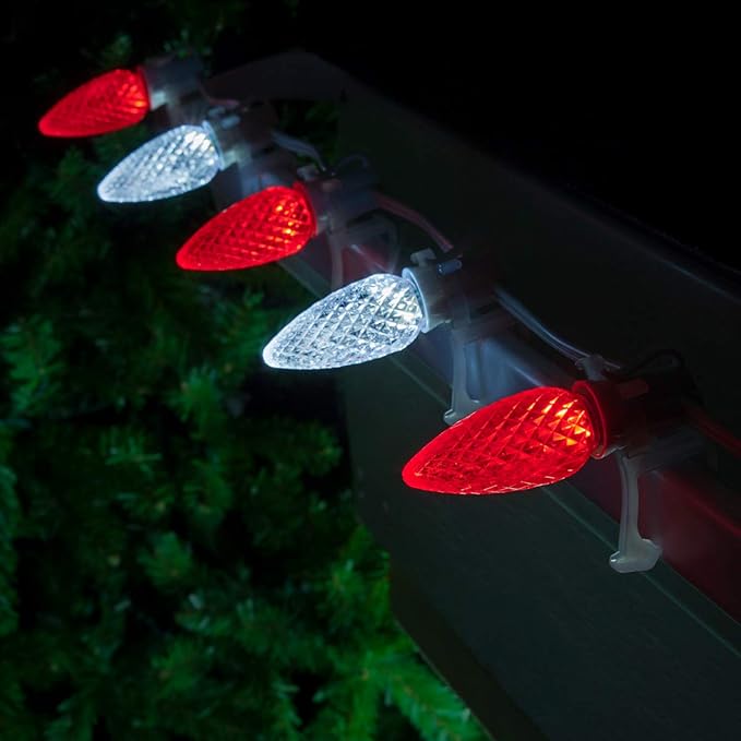 Wintergreen Lighting C9 OptiCore LED Red and Cool White Candy Cane Christmas Lights – Commercial Outdoor Heavy Duty Bulbs; 18 Gauge White Wire (100 Lights, 100 Ft)