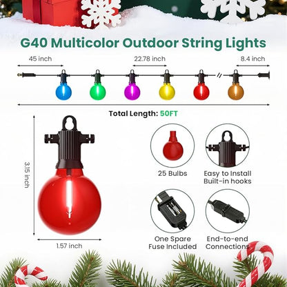 Christmas Outdoor String Lights 50FT, Colored Patio Lights, Shatterproof Dimmable Hanging Light with 25 LED G40 Bulbs Waterproof Outside Light for Xmas Halloween Garden Backyard Yard Bistro Holiday