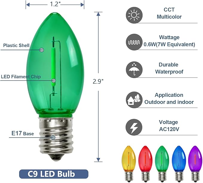 C9 Christmas String Lights, 25FT 26 Bulbs Bright & Multicolor Outdoor Christmas Lights, Outdoor Indoor Xmas Roofline Backyard Garden Patio Home Holiday Decor, Waterproof Extendable Green Wire