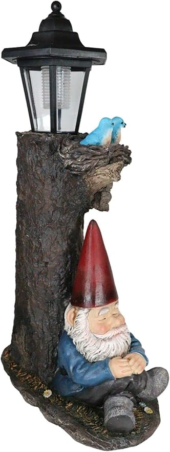 Ebros Gift Whimsical Summer Dream Garden Gnome with Buddy Turtle Taking a Short Nap Under Tree Outpost Crossroad Station Solar Path LED Courtesy Light Garden Statue Home Decorative Patio Figurine