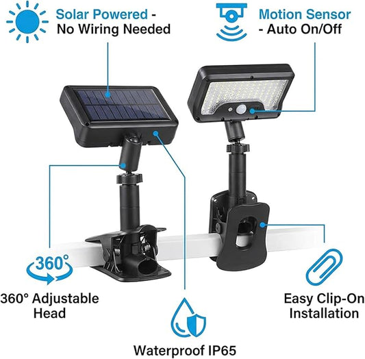 Clip On Solar Lights Outdoor,92 LEDs 600LM Motion Sensor Outdoor Lights,Solar Powered Fence Lights,IP65 Waterproof Security Lights forr Fence, Gutter, Deck and Camping. (Clip Mount 2 Pack)
