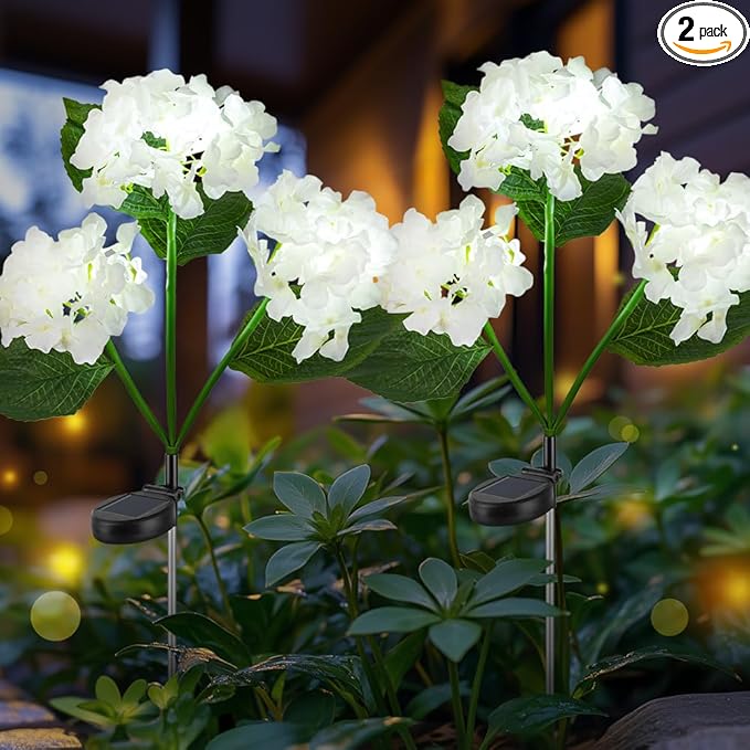 Solar Flower Lights, Solar Garden Lights, 2Pack IP65 Waterproof LED Hydrangea Stake Lights for Garden Decor Pathway Patio Yard (White)