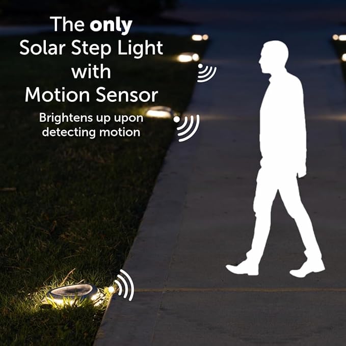 Step Light with Motion Sensor, Set of 4 Driveway Lights, Grey Cast Aluminum, 25 Lumen Solar Lights for Outdoor Steps, Patio, Boat Dock, Pool Deck, Pathways