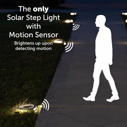 Step Light with Motion Sensor, Set of 4 Driveway Lights, Grey Cast Aluminum, 25 Lumen Solar Lights for Outdoor Steps, Patio, Boat Dock, Pool Deck, Pathways
