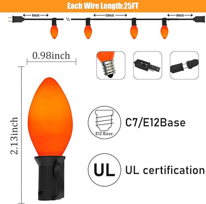 C7 LED Halloween Orange String Lights, 25FT Ceramic Orange Outdoor String Lights with 27 LED Edison Bulbs (2 Spare), Hanging Connectable Lights for Halloween Party Haliday Decor-Black Wire