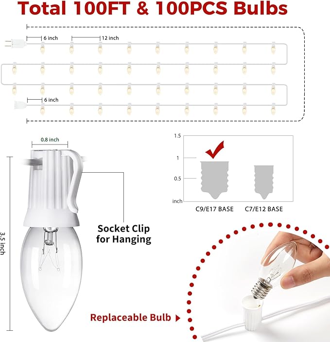 Brightown 100 Feet C9 Christmas String Lights, Outdoor Christmas Lights with 100 Clear C9 Light Bulbs for Outdoor Patio Room Christma Party Backyard Decoration, Glass Bulb, White Line