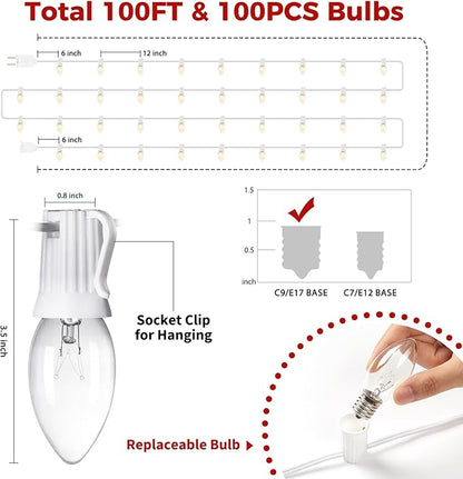 Brightown 100 Feet C9 Christmas String Lights, Outdoor Christmas Lights with 100 Clear C9 Light Bulbs for Outdoor Patio Room Christma Party Backyard Decoration, Glass Bulb, White Line