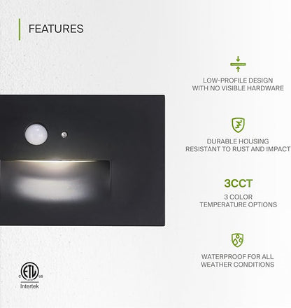 ASD LED Recessed Step Light Fixture, Dusk to Dawn Outdoor Tread Lighting | 3CCT, Motion Sensor, Photocell, Waterproof, ETL Listed | 3W 120LM 3000K-5000K 120V | Staircase Illumination | Black, 12 Pack