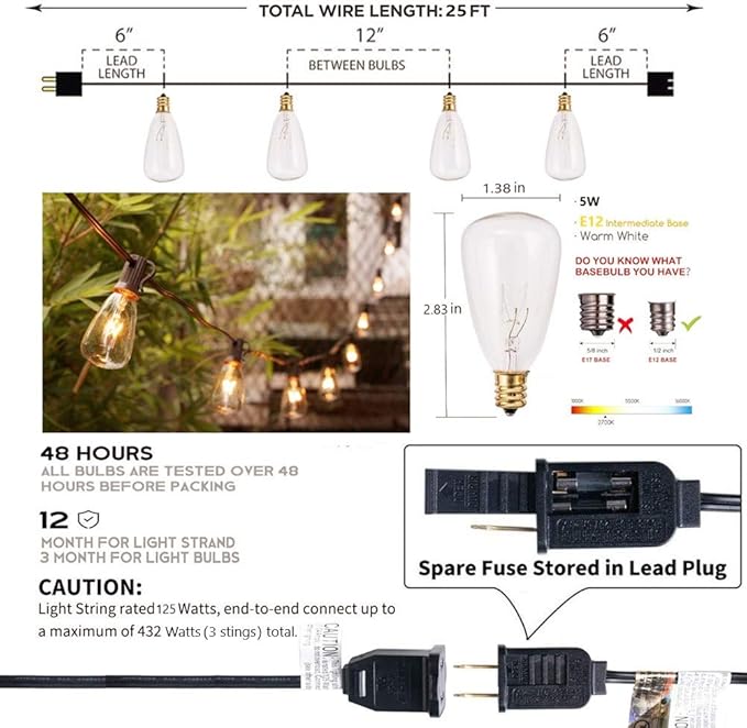 SUNSGNE 25Ft Outdoor String Lights with 27 Edison Bulbs (2 Spare), Waterproof Connectable ST35 String Light for | Lumora