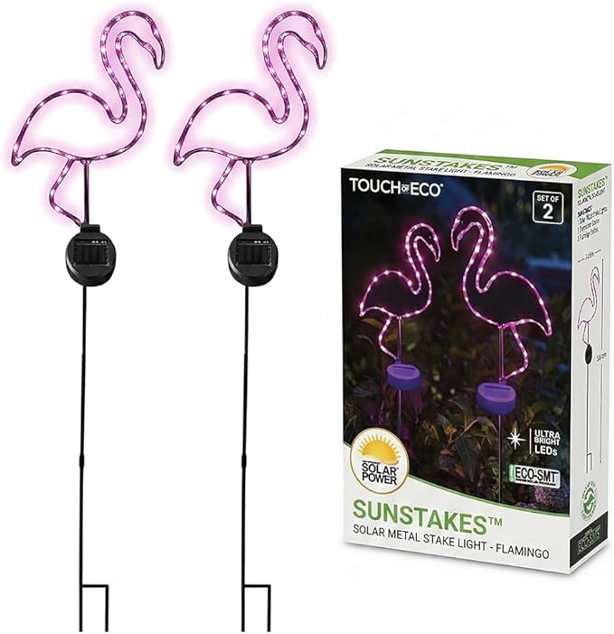 2 Packs Solar Neon-Like Metal Frame Pink Flamingo Stake Light - Outdoor, Pathway, Landscape Light for Lawn, Patio, Garden Or Outdoor Living Area - 28 Inches Tall