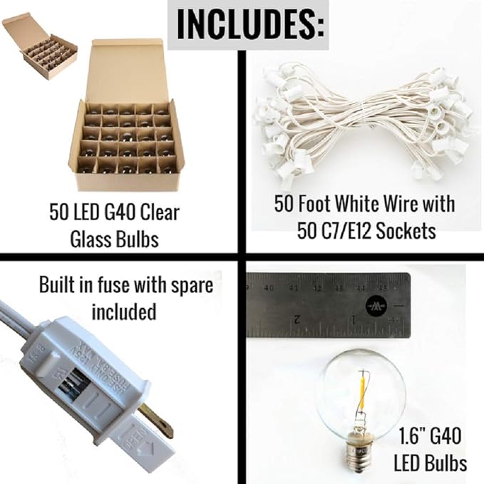 Hometown Evolution, Inc. G40 LED Warm White Outdoor Patio String Lights with 0.6 Watt Bulbs (G40 LED Filament - White Wire, 50 ft)